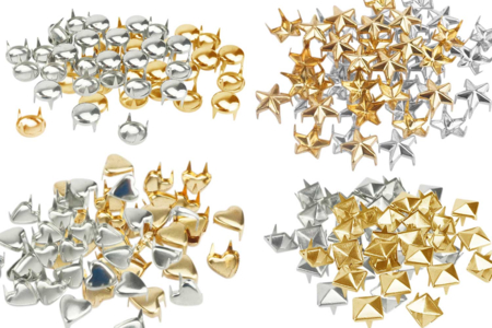 Clous formes assorties ( pyramides, ronds, étoiles, coeurs) or et argent - 150 clous assortis - Clous et rivets – 10doigts.fr