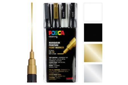Pochette de 4 marqueurs POSCA pointes fines (0,7 à 1 mm) : or, argent, noir, blanc - Marqueur POSCA – 10doigts.fr