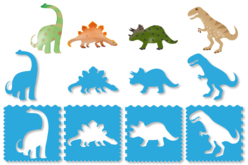 Set de 4 pochoirs + 4 tracettes : DINOSAURES - Pochoir animaux - 10doigts.fr