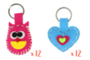 MAXI LOT de 24 porte-clés en feutrine rembourrée : 12 hiboux + 12 coeurs couleurs assorties - Kits Mercerie 38073 - 10doigts.fr